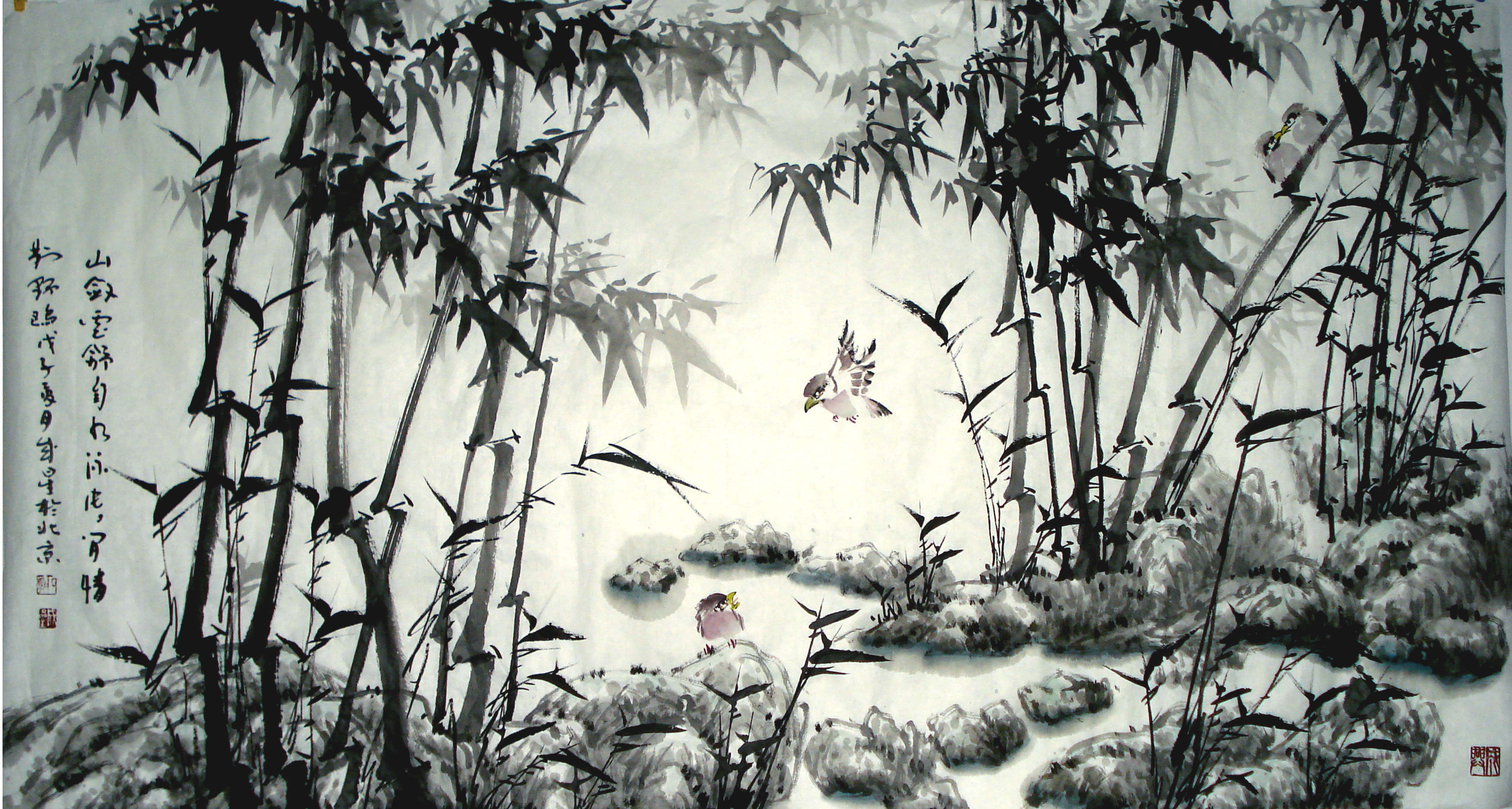 竹子的儿童画-鸟与竹
