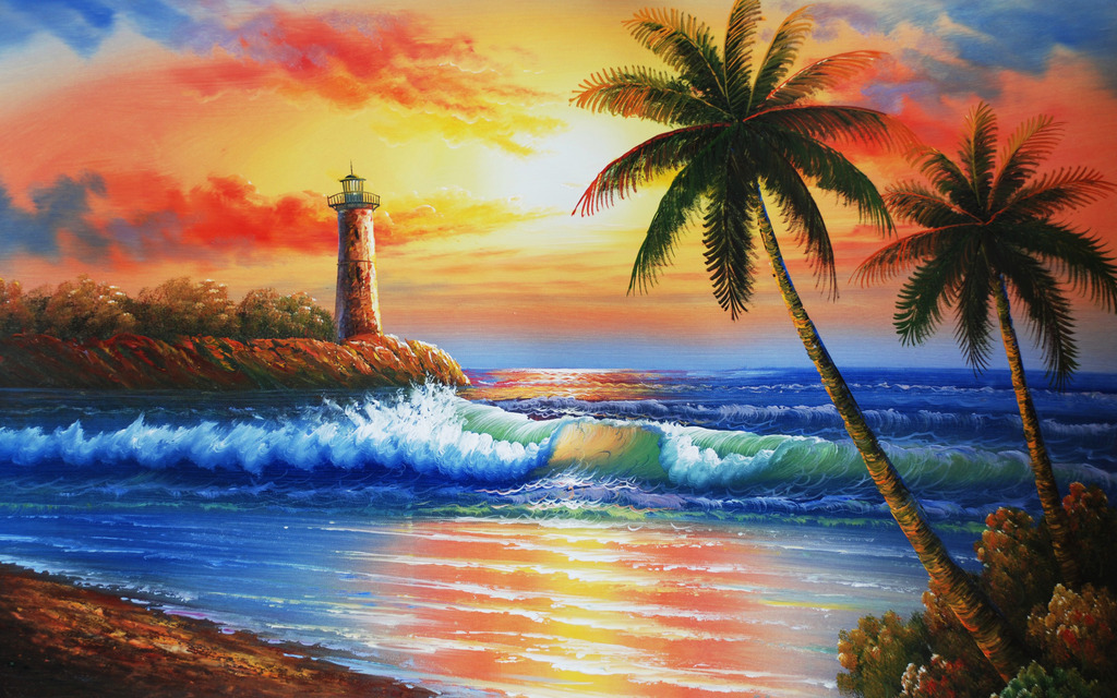 大海蓝天儿童画-海边的夕阳