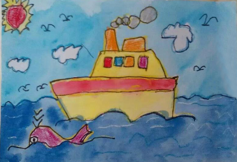 船和大海儿童画-大海轮船和海豚