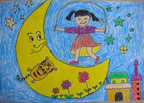 月亮儿童画-在月亮上跳绳
