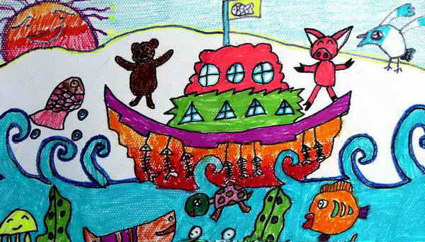 船和大海儿童画-开心航海