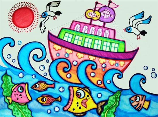 船和大海儿童画-大海中的大船